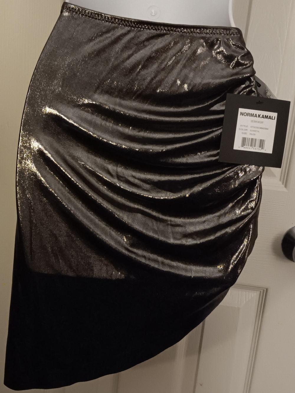 Norma Kamali Black Shiny Ruched Asymmetrical Skirt Women's Size XS New With Tags - Picture 3 of 6